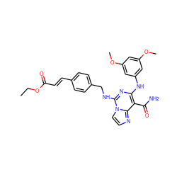 CCOC(=O)/C=C/c1ccc(CNc2nc(Nc3cc(OC)cc(OC)c3)c(C(N)=O)c3nccn23)cc1 ZINC000034177844