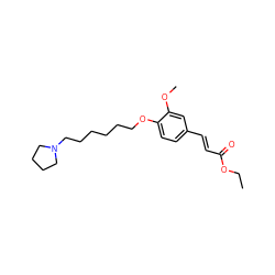 CCOC(=O)/C=C/c1ccc(OCCCCCCN2CCCC2)c(OC)c1 ZINC001772616848