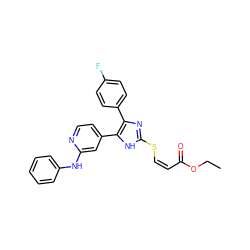 CCOC(=O)/C=C\Sc1nc(-c2ccc(F)cc2)c(-c2ccnc(Nc3ccccc3)c2)[nH]1 ZINC000299861916