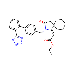 CCOC(=O)/C=C1\N(Cc2ccc(-c3ccccc3-c3nnn[nH]3)cc2)C(=O)CC12CCCCC2 ZINC000036222645