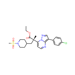 CCOC(=O)[C@@](C)(CC1CCN(S(C)(=O)=O)CC1)c1ccnc2c(-c3ccc(Cl)cc3)cnn12 ZINC000115655046