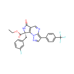 CCOC(=O)[C@@]1(Cc2cccc(F)c2)NC(=O)c2cnc3c(-c4ccc(C(F)(F)F)cc4)cnn3c21 ZINC000299838628