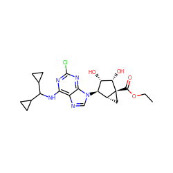 CCOC(=O)[C@@]12C[C@@H]1[C@@H](n1cnc3c(NC(C4CC4)C4CC4)nc(Cl)nc31)[C@H](O)[C@@H]2O ZINC001772597741