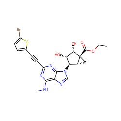 CCOC(=O)[C@@]12C[C@@H]1[C@@H](n1cnc3c(NC)nc(C#Cc4ccc(Br)s4)nc31)[C@H](O)[C@@H]2O ZINC001772605569