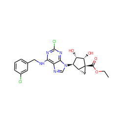 CCOC(=O)[C@@]12C[C@@H]1[C@@H](n1cnc3c(NCc4cccc(Cl)c4)nc(Cl)nc31)[C@H](O)[C@@H]2O ZINC000045498685