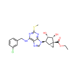 CCOC(=O)[C@@]12C[C@@H]1[C@@H](n1cnc3c(NCc4cccc(Cl)c4)nc(SC)nc31)[C@H](O)[C@@H]2O ZINC000040949285