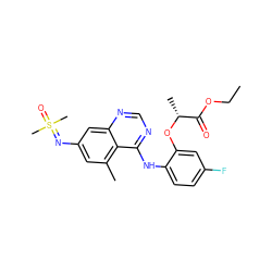 CCOC(=O)[C@@H](C)Oc1cc(F)ccc1Nc1ncnc2cc(N=S(C)(C)=O)cc(C)c12 ZINC001772618693