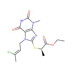 CCOC(=O)[C@@H](C)Sc1nc2c(c(=O)[nH]c(=O)n2C)n1C/C=C(/C)Cl ZINC000002346526