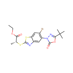 CCOC(=O)[C@@H](C)Sc1nc2cc(-n3nc(C(C)(C)C)oc3=O)c(Br)cc2s1 ZINC000073197614