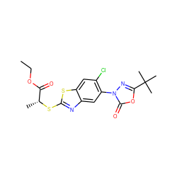 CCOC(=O)[C@@H](C)Sc1nc2cc(-n3nc(C(C)(C)C)oc3=O)c(Cl)cc2s1 ZINC000082155512