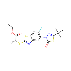 CCOC(=O)[C@@H](C)Sc1nc2cc(-n3nc(C(C)(C)C)sc3=O)c(F)cc2s1 ZINC000073389751