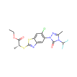 CCOC(=O)[C@@H](C)Sc1nc2cc(-n3nc(C)n(C(F)F)c3=O)c(Cl)cc2s1 ZINC000103195324