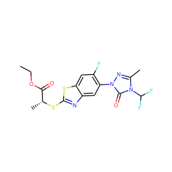 CCOC(=O)[C@@H](C)Sc1nc2cc(-n3nc(C)n(C(F)F)c3=O)c(F)cc2s1 ZINC000103196986