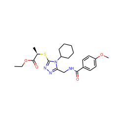 CCOC(=O)[C@@H](C)Sc1nnc(CNC(=O)c2ccc(OC)cc2)n1C1CCCCC1 ZINC000004034833