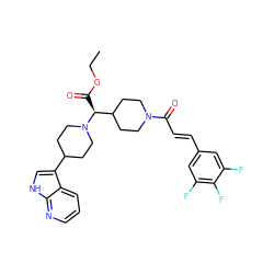 CCOC(=O)[C@@H](C1CCN(C(=O)/C=C/c2cc(F)c(F)c(F)c2)CC1)N1CCC(c2c[nH]c3ncccc23)CC1 ZINC000049872473