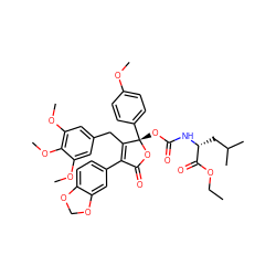 CCOC(=O)[C@@H](CC(C)C)NC(=O)O[C@@]1(c2ccc(OC)cc2)OC(=O)C(c2ccc3c(c2)OCO3)=C1Cc1cc(OC)c(OC)c(OC)c1 ZINC000026828164