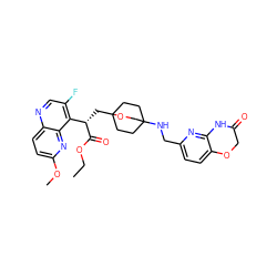 CCOC(=O)[C@@H](CC12CCC(NCc3ccc4c(n3)NC(=O)CO4)(CC1)CO2)c1c(F)cnc2ccc(OC)nc12 ZINC000206093385