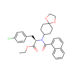 CCOC(=O)[C@@H](Cc1ccc(Cl)cc1)N(C(=O)c1cccc2ccccc12)C1CCC2(CC1)OCCO2 ZINC000040875114