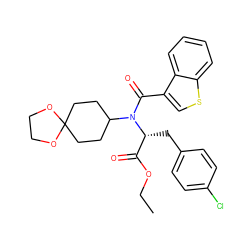 CCOC(=O)[C@@H](Cc1ccc(Cl)cc1)N(C(=O)c1csc2ccccc12)C1CCC2(CC1)OCCO2 ZINC000040395408