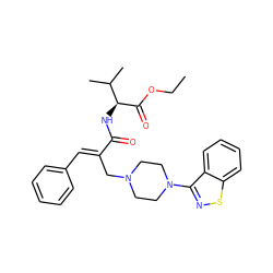 CCOC(=O)[C@@H](NC(=O)/C(=C/c1ccccc1)CN1CCN(c2nsc3ccccc23)CC1)C(C)C ZINC001772617684