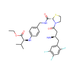 CCOC(=O)[C@@H](Nc1ccc(CNC(=O)[C@@H]2SCCN2C(=O)C[C@H](N)Cc2cc(F)c(F)cc2F)cc1)C(C)C ZINC000066074587