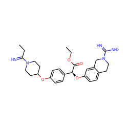 CCOC(=O)[C@@H](Oc1ccc2c(c1)CN(C(=N)N)CC2)c1ccc(OC2CCN(C(=N)CC)CC2)cc1 ZINC000013782207