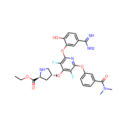 CCOC(=O)[C@@H]1C[C@@H](Oc2c(F)c(Oc3cccc(C(=O)N(C)C)c3)nc(Oc3cc(C(=N)N)ccc3O)c2F)CN1 ZINC000027103989