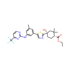 CCOC(=O)[C@@H]1CC[C@@](O)(c2ncc(-c3cc(C)cc(Nc4nccc(C(F)(F)F)n4)c3)s2)CC1(C)C ZINC000141845720