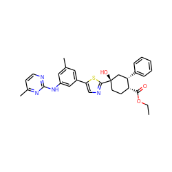 CCOC(=O)[C@@H]1CC[C@](O)(c2ncc(-c3cc(C)cc(Nc4nccc(C)n4)c3)s2)C[C@@H]1c1ccccc1 ZINC000117785786