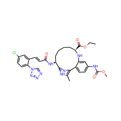 CCOC(=O)[C@@H]1CCCC[C@H](NC(=O)/C=C/c2cc(Cl)ccc2-n2cnnn2)c2nc(c(C)[nH]2)-c2ccc(NC(=O)OC)cc2N1 ZINC000165142873