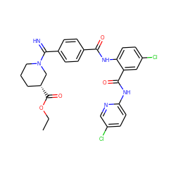 CCOC(=O)[C@@H]1CCCN(C(=N)c2ccc(C(=O)Nc3ccc(Cl)cc3C(=O)Nc3ccc(Cl)cn3)cc2)C1 ZINC000036126797