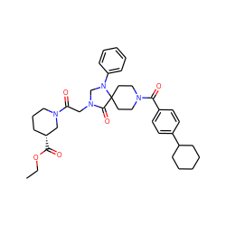 CCOC(=O)[C@@H]1CCCN(C(=O)CN2CN(c3ccccc3)C3(CCN(C(=O)c4ccc(C5CCCCC5)cc4)CC3)C2=O)C1 ZINC000066259625