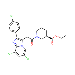 CCOC(=O)[C@@H]1CCCN(C(=O)Cc2c(-c3ccc(Cl)cc3)nc3c(Cl)cc(Cl)cn23)C1 ZINC000013607381