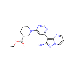 CCOC(=O)[C@@H]1CCCN(c2cc(-c3c(N)nn4cccnc34)ncn2)C1 ZINC000045255231