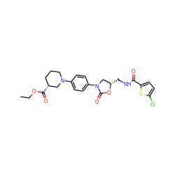 CCOC(=O)[C@@H]1CCCN(c2ccc(N3C[C@H](CNC(=O)c4ccc(Cl)s4)OC3=O)cc2)C1 ZINC000103299916