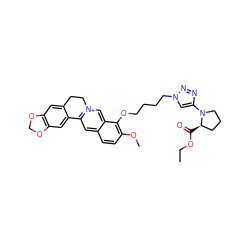 CCOC(=O)[C@@H]1CCCN1c1cn(CCCCOc2c(OC)ccc3cc4[n+](cc23)CCc2cc3c(cc2-4)OCO3)nn1 ZINC000071329878