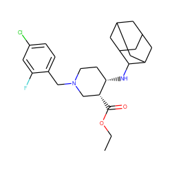 CCOC(=O)[C@@H]1CN(Cc2ccc(Cl)cc2F)CC[C@@H]1NC1C2CC3CC(C2)CC1C3 ZINC000040892042