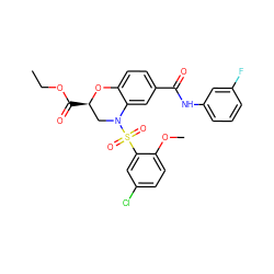 CCOC(=O)[C@@H]1CN(S(=O)(=O)c2cc(Cl)ccc2OC)c2cc(C(=O)Nc3cccc(F)c3)ccc2O1 ZINC000114514588