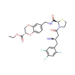 CCOC(=O)[C@@H]1COc2cc(CNC(=O)[C@H]3SCCN3C(=O)C[C@H](N)Cc3cc(F)c(F)cc3F)ccc2O1 ZINC000066076235