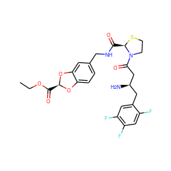 CCOC(=O)[C@@H]1Oc2ccc(CNC(=O)[C@H]3SCCN3C(=O)C[C@H](N)Cc3cc(F)c(F)cc3F)cc2O1 ZINC000066111965