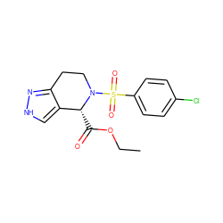 CCOC(=O)[C@@H]1c2c[nH]nc2CCN1S(=O)(=O)c1ccc(Cl)cc1 ZINC000049069970