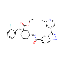 CCOC(=O)[C@]1(Cc2ccccc2F)CCC[C@H](NC(=O)c2ccc3[nH]nc(-c4ccnc(C)c4)c3c2)C1 ZINC000219455760