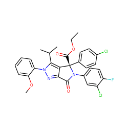CCOC(=O)[C@]1(c2ccc(Cl)cc2)c2c(nn(-c3ccccc3OC)c2C(C)C)C(=O)N1c1ccc(F)c(Cl)c1 ZINC000224113348