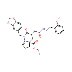 CCOC(=O)[C@]12CCC=C1N(Cc1ccc3c(c1)OCO3)C(=O)[C@H](CC(=O)NCCc1ccccc1OC)C2 ZINC000095569800