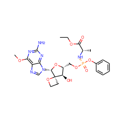 CCOC(=O)[C@H](C)N[P@](=O)(OC[C@H]1O[C@@H](n2cnc3c(OC)nc(N)nc32)[C@@]2(CCO2)[C@@H]1O)Oc1ccccc1 ZINC000103266461
