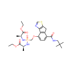 CCOC(=O)[C@H](C)NP(=O)(COc1ccc(C(=O)NCC(C)(C)C)c2c1-c1ncsc1C2)N[C@@H](C)C(=O)OCC ZINC000053296867