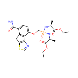 CCOC(=O)[C@H](C)NP(=O)(COc1ccc(C(N)=O)c2c1-c1ncsc1C2)N[C@@H](C)C(=O)OCC ZINC000053230594