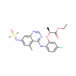 CCOC(=O)[C@H](C)Oc1cc(F)ccc1Nc1ncnc2cc(N=S(C)(C)=O)cc(C)c12 ZINC001772613054