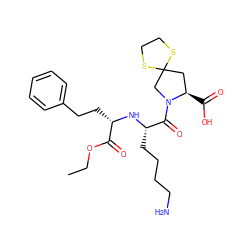 CCOC(=O)[C@H](CCc1ccccc1)N[C@@H](CCCCN)C(=O)N1CC2(C[C@H]1C(=O)O)SCCS2 ZINC000029343867