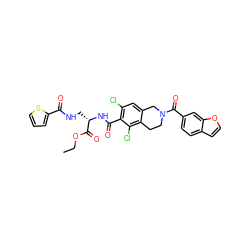 CCOC(=O)[C@H](CNC(=O)c1cccs1)NC(=O)c1c(Cl)cc2c(c1Cl)CCN(C(=O)c1ccc3ccoc3c1)C2 ZINC000058591510